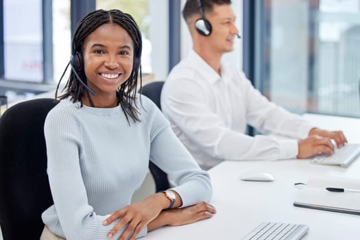 Woman portrait, call center and customer service at office while consulting online for CRM or contact us. Happy team at help desk for telemarketing, sales support and communication with a smile.