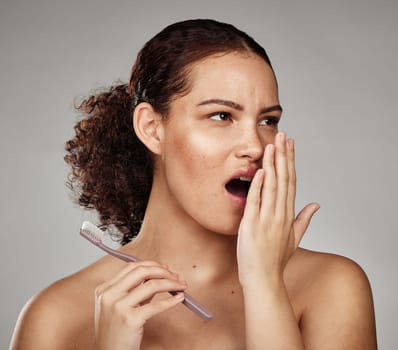Toothbrush, woman and bad breath with dental problem while smelling odor of mouth, teeth or gums in hand. Face of a female in studio for oral health, brushing teeth and self care on grey background.