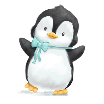 Hand drawn illustration of cute little baby penguin with blue bow isolated on white background