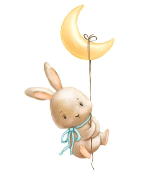 Cute bunny with bow hanging on moon. Lovely rabbit character illustration for nursery. Hare with crescent moon isolated on white. Hand drawn cartoon clipart