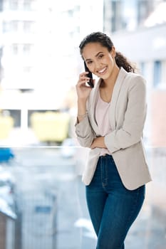 Phone call, smile and portrait of business woman in office for networking, happy and conversation. Communication app, contact and technology with employee by window for connection and entrepreneur.