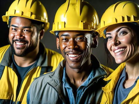 Team of construction workers wearing protective helmets and vests working on construction site. Generative Ai.