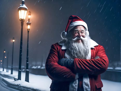 Happy Santa Claus outdoors in snowfall hands crossed. Generative Ai.