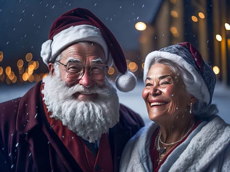 Happy Santa Claus with Mrs. Claus smiling at the camera outdoors in snowfall. Christmas spirit. Generative Ai.