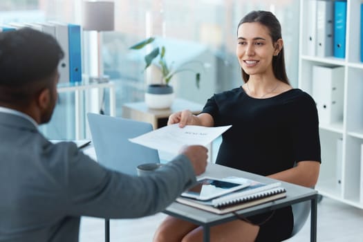 Business meeting, hiring and resume of a corporate woman with hr and communication in office. Paperwork, interview and outsourcing in a company with professional opportunity and cv document review.