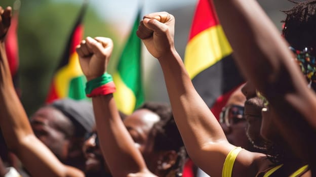 Juneteenth Freedom Day Celebration. African American people raised fists in the air. Juneteenth and african liberation day. Generative ai.