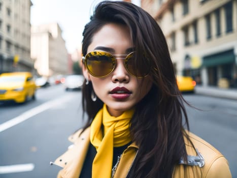 Charming asian woman in sunglasses wearing stylish yellow leather jacket looking at the camera standing on a blurred city background. Hipster girl. Generative Ai