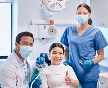 Portrait of dentist, thumbs up and patient in consultation for teeth whitening, service and dental care. Orthodontist, dentistry and woman with thank you sign for oral hygiene, healthcare or cleaning.