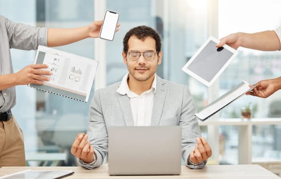 Calm, multitask and meditation of business man on laptop, documents and phone call or tech in office. Mental health, time management and wellness of professional manager, computer and people hands.