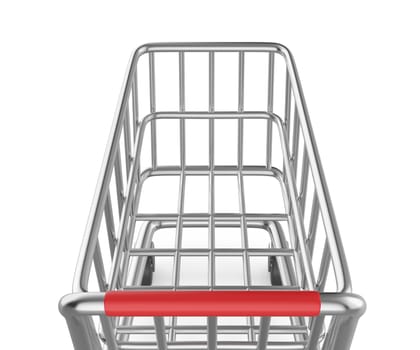 Empty metal shopping cart on white background