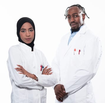 Closeup front view of group of mixed age doctors and nurses standing side by side and looking at the camera. Young Middle Eastern female in a team with African American black doctor. High quality photo