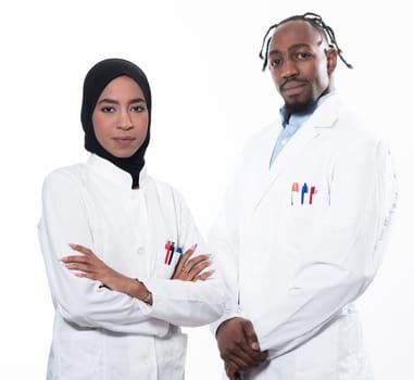 Closeup front view of group of mixed age doctors and nurses standing side by side and looking at the camera. Young Middle Eastern female in a team with African American black doctor. High quality photo