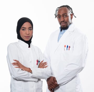 Closeup front view of group of mixed age doctors and nurses standing side by side and looking at the camera. Young Middle Eastern female in a team with African American black doctor. High quality photo