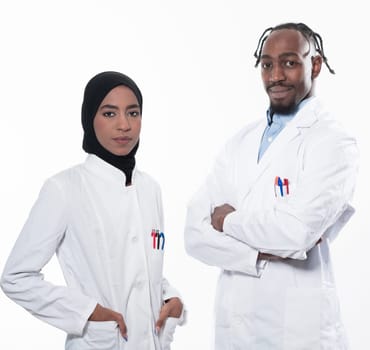 Closeup front view of group of mixed age doctors and nurses standing side by side and looking at the camera. Young Middle Eastern female in a team with African American black doctor. High quality photo