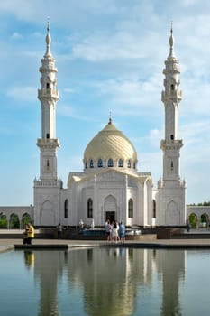 Bolgar, Historical and architectural reserve, Tatarstan, Russia - May 24, 2023. View of the White Mosque. Tourism. Selective focus. Vertical orientation.