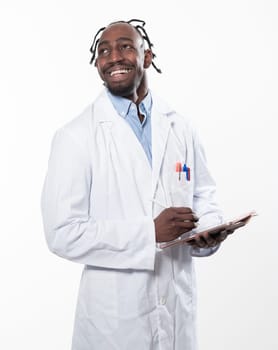 Doctor dark skin guy virologist agent corona virus seminar conference arms crossed pandemic virus expert wear white lab coat isolated white color background using a tablet computer. High quality photo