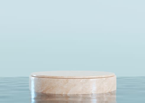 Round marble podium standing in water, blue background. Mock up for product, cosmetic presentation. Pedestal or platform for beauty products. Empty scene. Stage, display, showcase. 3D render