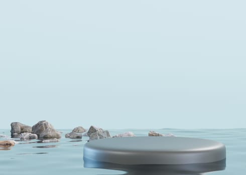 Round podium standing in water with rocks, blue background. Mock up for product, cosmetic presentation. Pedestal or platform for beauty products. Empty scene. Stage, display, showcase. 3D render