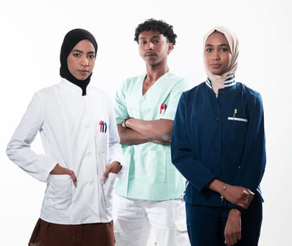 Closeup front view of group of mixed age doctors and nurses standing side by side and looking at the camera. Young Middle Eastern female in a team with African American black doctor. High quality photo