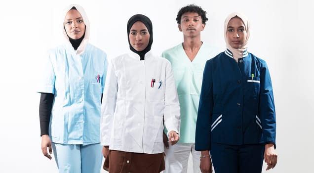 Closeup front view of group of mixed age doctors and nurses standing side by side and looking at the camera. Young Middle Eastern female in a team with African American black doctor. High quality photo