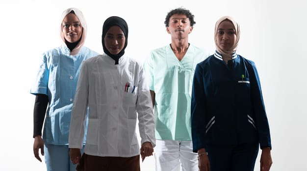 Closeup front view of group of mixed age doctors and nurses standing side by side and looking at the camera. Young Middle Eastern female in a team with African American black doctor. High quality photo