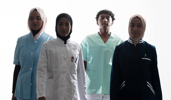 Closeup front view of group of mixed age doctors and nurses standing side by side and looking at the camera. Young Middle Eastern female in a team with African American black doctor. High quality photo