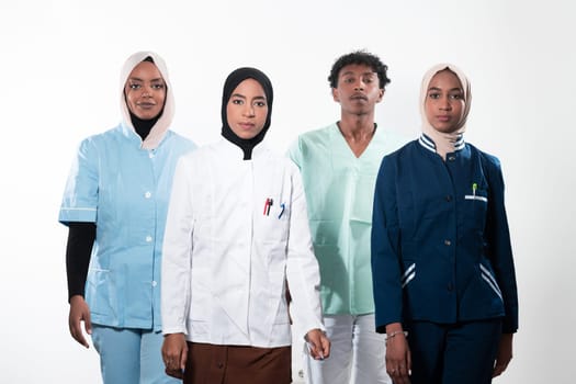 Closeup front view of group of mixed age doctors and nurses standing side by side and looking at the camera. Young Middle Eastern female in a team with African American black doctor. High quality photo