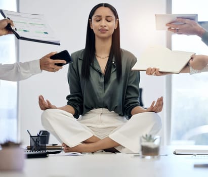Meditation, woman at desk surrounded by work and relax with project deadline, time management and mental health. Zen, peace and meditate for balance, businesswoman in busy office in lotus position