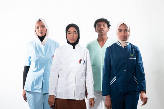 Closeup front view of group of mixed age doctors and nurses standing side by side and looking at the camera. Young Middle Eastern female in a team with African American black doctor. High quality photo