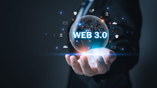 Web 3.0 concept with businessman in suit on gradient background. Technology and web concept 3.0. Technology global network. website internet development.