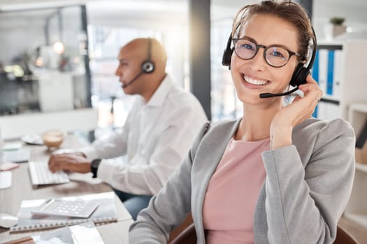 Call center, happy and consultant portrait in office for telemarketing, communication and contact us query. Working, online and customer service woman ready for call in corporate workplace