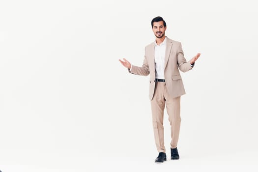 man standing model flying person adult smiling business happy winner office copyspace beige running male stylish confident suit jumping businessman victory