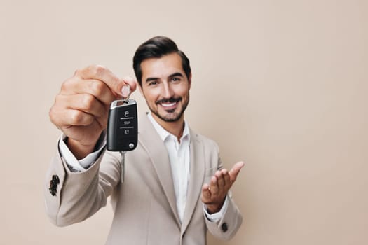 sale man button service loan driver smile key business new hand auto holding buy keyboard beard lock automobile car alarm driving