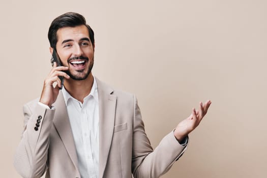 man portrait mobile selfies smile application cellphone businessman call internet business smartphone handsome online person hold trading success phone happy suit