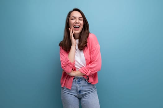 incredibly smiling happy young lady in a stylish summer look on a studio isolated background.