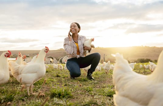 Black woman, phone call and countryside on chicken farm with smile for live stock in the outdoors. Happy African American female farmer smiling on phone for sustainability, agriculture and animals.