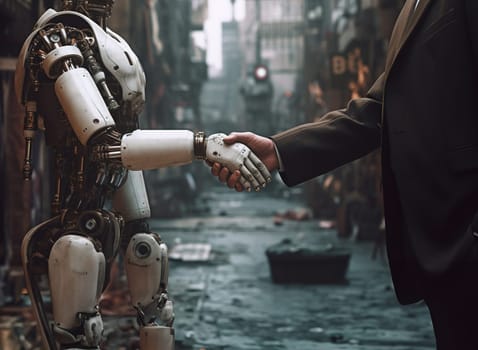 A robot and a man in a suit shake hands. The city in the background. Background blur effect