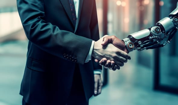 A man in a suit shakes hands with a robot. The city in the background