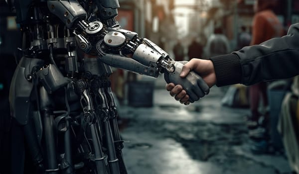 The hand of a metal robot shakes the hand of a man in a black jacket. Against the backdrop of the city