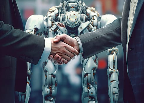 Two people in suits shake hands with each other against the background of a robot