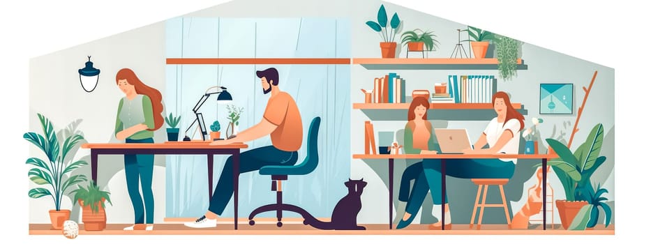 home office, remote work online from home. communication and sharing via the Internet, banner, made with Generative AI. High quality illustration