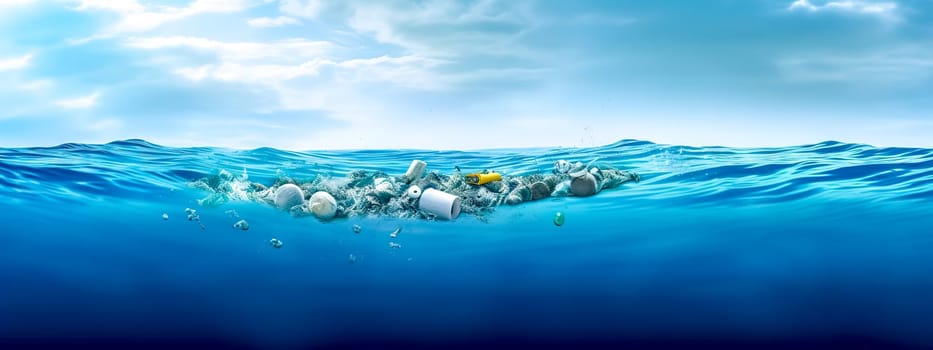 plastic waste in the ocean. the concept of pollution of the planet and the environment. global ecological disaster, banner, made with Generative AI. High quality illustration