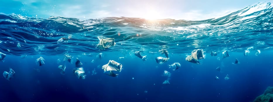plastic waste in the ocean. the concept of pollution of the planet and the environment. global ecological disaster, banner, made with Generative AI. High quality illustration