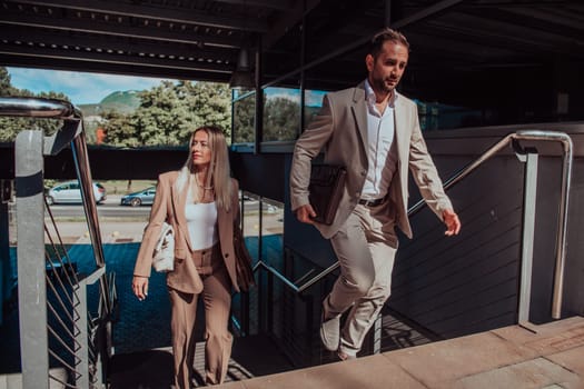 Modern business couple after a long day's work, walking together towards the comfort of their home, embodying the perfect blend of professional success and personal contentment