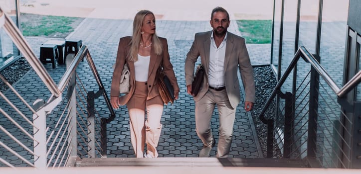 Modern business couple after a long day's work, walking together towards the comfort of their home, embodying the perfect blend of professional success and personal contentment