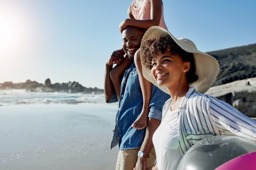 Walking, beach and profile of happy black family travel, relax and enjoy outdoor quality time together. Ocean sea water, blue sky mock up or freedom peace for bonding people on Jamaica holiday mockup.