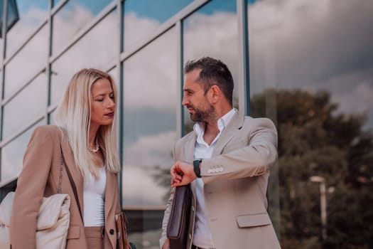 Modern business couple after a long day's work, walking together towards the comfort of their home, embodying the perfect blend of professional success and personal contentment