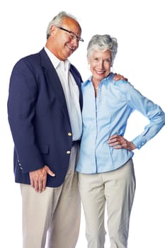 Love, smile and portrait of senior couple standing in studio, isolated on white background. Retirement, happy and healthy relationship, romance for elderly man with woman together in formal clothes