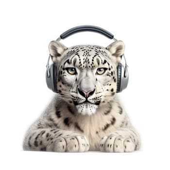 Close up portrait of a beautiful white or snow leopard in a in wireless headphones isolated on white background. The leopard is listening to music Generative AI.