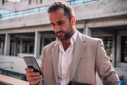 A businessman using his smartphone outdoors, showcasing the seamless integration of technology and mobility in modern professional life